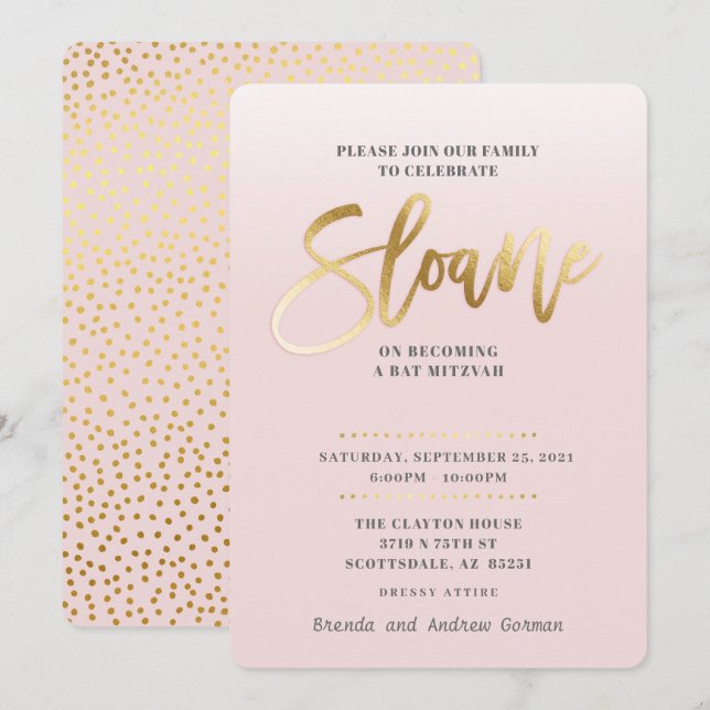 CUSTOM Bat Mitzvah Invite blassrosa gold SLOANE Einladung (Vorne/Hinten)