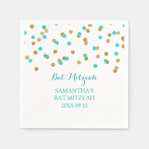 Custom Bat Mitzvah Napkin Mint Gold Blue Confetti Serviette