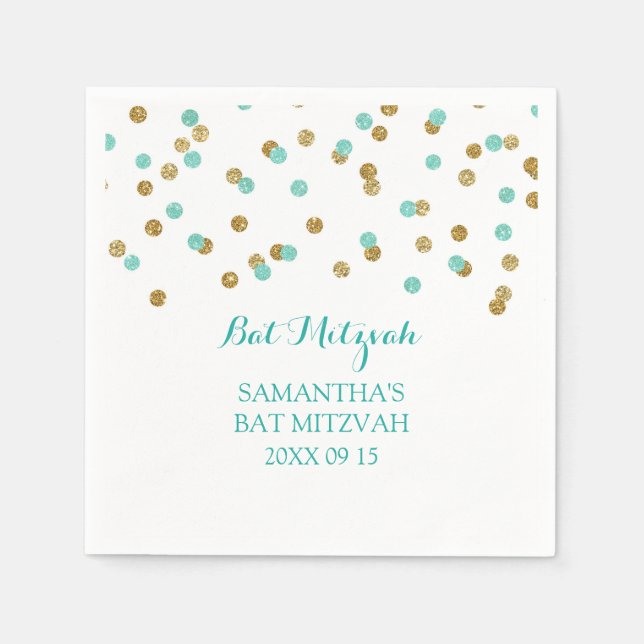 Custom Bat Mitzvah Napkin Mint Gold Blue Confetti Serviette (Vorderseite)