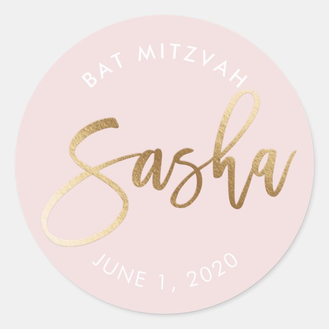 CUSTOM Bat Mitzvah rot Rosa Goldname SASHA Runder Aufkleber (Vorderseite)
