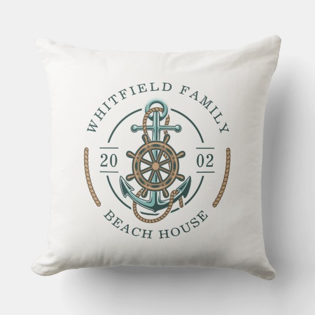 Custom Beach House Anchor Boat Wheel Nautical Kissen (Vorderseite)