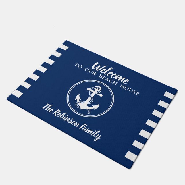 Custom Beach House Familienname Anchor & Rope Rug Fußmatte (Schrägansicht)