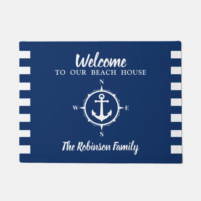 Custom Beach House Familienname Compass Anchor Fußmatte (Vorderseite)