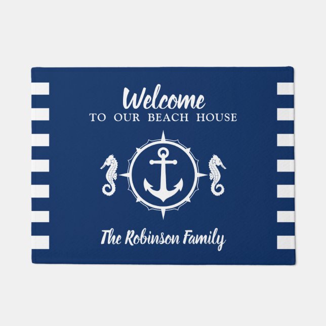 Custom Beach House Familienname Seepferd Anchor Fußmatte (Vorderseite)