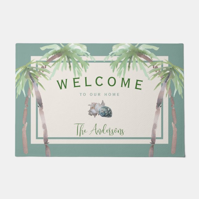 Custom Beach House Palm Tree Tropical Fußmatte (Vorderseite)