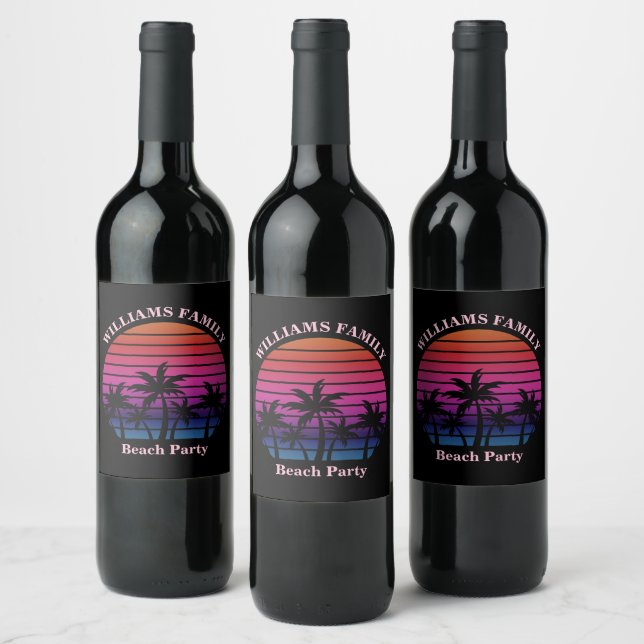 Custom Beach Party Tropical Sunset Palm Trees Weinetikett (Flaschen)