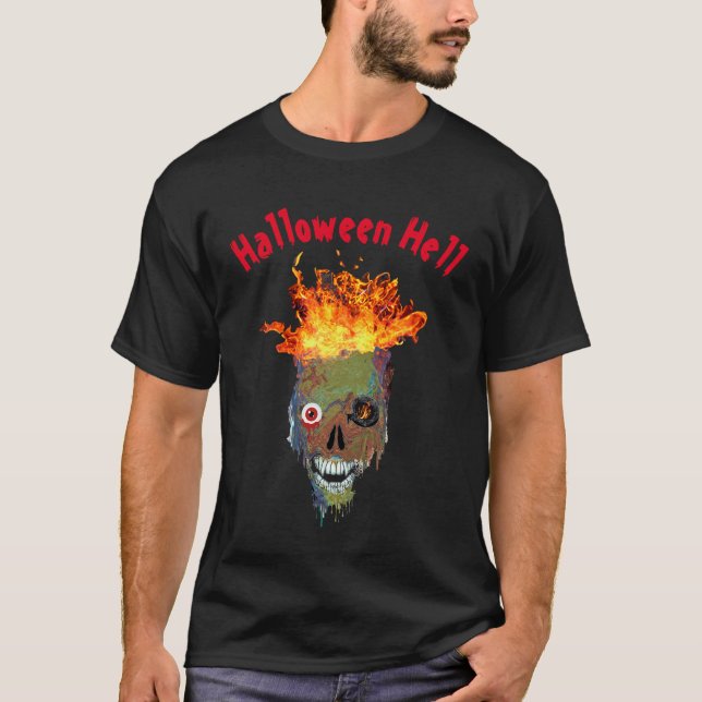 Custom Beängstigend Halloween Hell Flame Skull Gra T-Shirt (Vorderseite)
