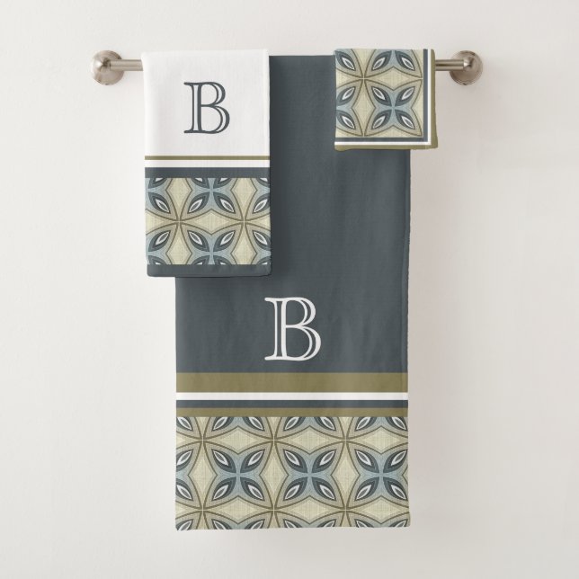 Custom Beige Brown Grau Blau Verziert Art Muster Badhandtuch Set (Insitu)