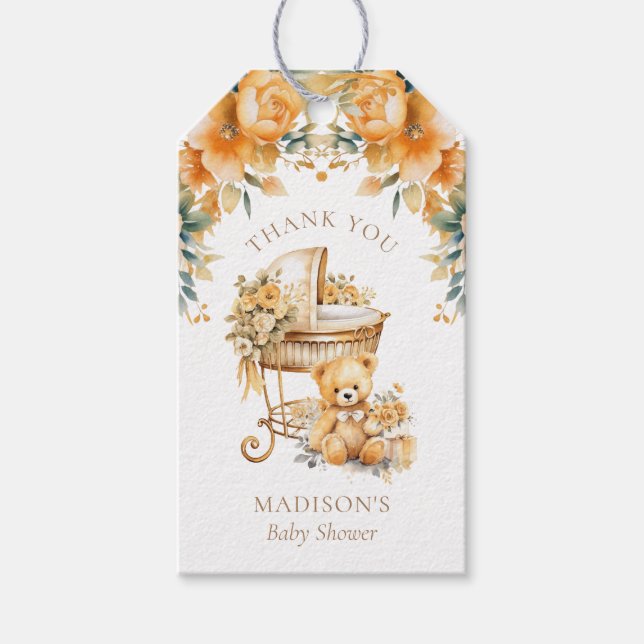 Custom Beige & Gold Bassinet Baby Dusche Geschenkanhänger (Vorderseite)