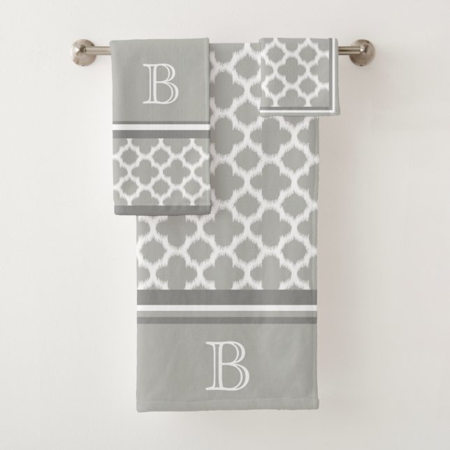 Custom Beige Grau White Retro Ikat Quatrefoil Art Badhandtuch Set (Insitu)
