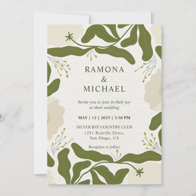 Custom Beige Grey Green Forest Floral Fest Hochzei Einladung (Vorderseite)