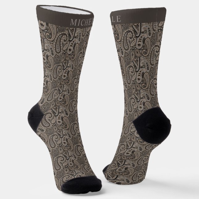Custom Beige Tan Brown Gray Paisley Muster Socken (Gewinkelt)