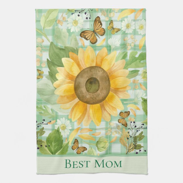 Custom Best Mama Green Gingham Sunflower Butterfly Geschirrtuch (Vertikal)