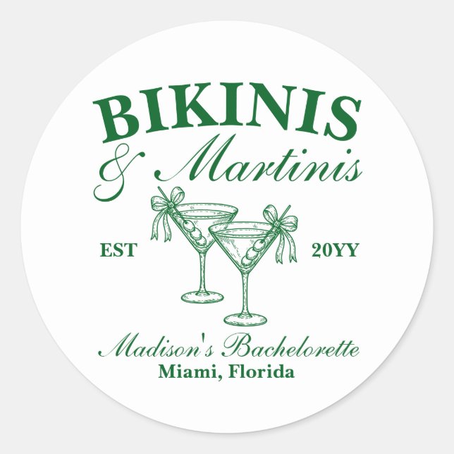 Custom Bikinis und Martinis Junggeselinnen-Abschie Runder Aufkleber (Vorderseite)