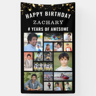 Custom Birthday 17 Foto Collage Black Gold Stars Banner