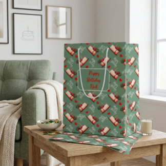 Custom Birthday Cake & Hearts Green Personalized  Mittlere Geschenktüte