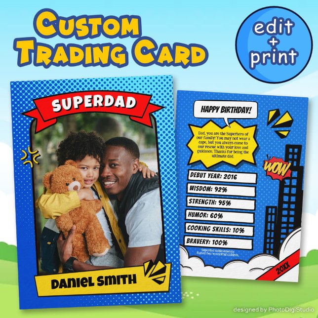 Custom Birthday Card Comic Superdad Trading Card Telefonnummerkarte (Custom Birthday Card Comic Super Dad Trading Card)