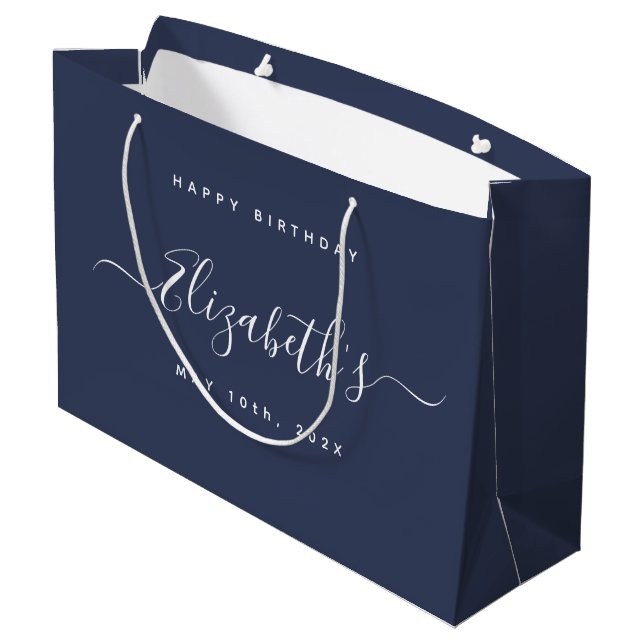 Custom Birthday Dark Blue Große Geschenktüte (Rückseite Schrägansicht)