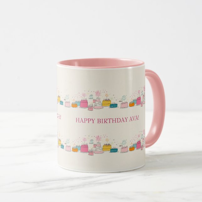 Custom Birthday Mug – Cream Confetti & Cake Doodle (Devant droit)