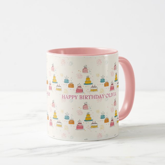 Custom Birthday Mug – Floating Cakes & Confetti Tasse (VorderseiteRechts)