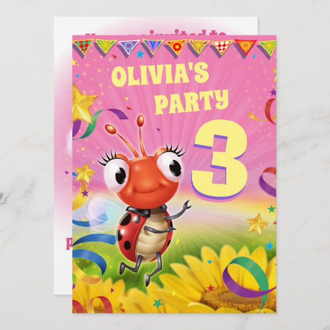 Custom Birthday Party einladen Mädchen 3 Jahre alt Einladung (Vorne/Hinten)