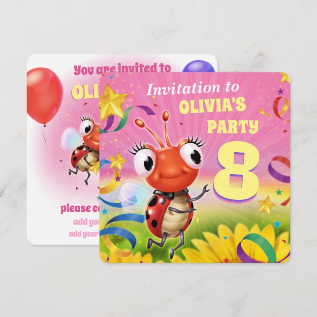 Custom Birthday Party einladen Mädchen 8 Jahre alt Einladung (Vorne/Hinten)