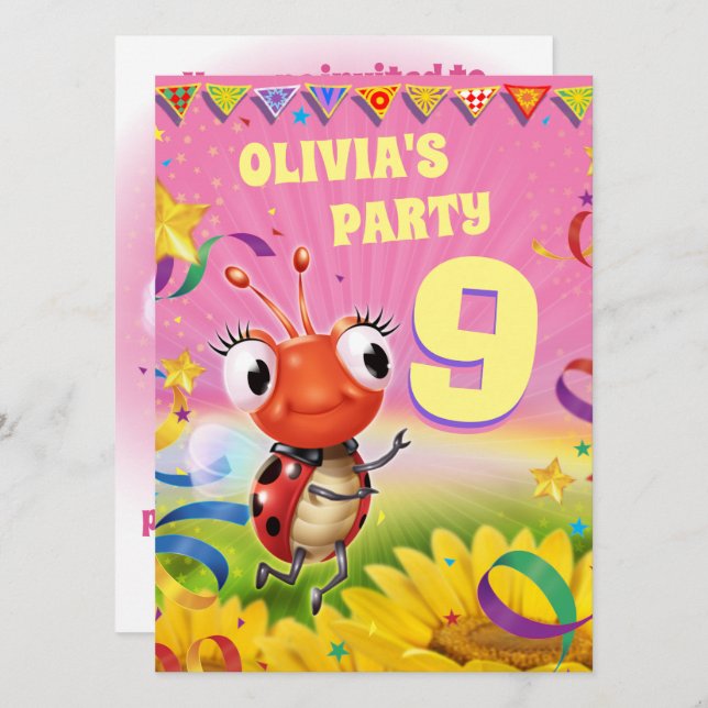 Custom Birthday Party einladen Mädchen 9 Jahre alt Einladung (Vorne/Hinten)