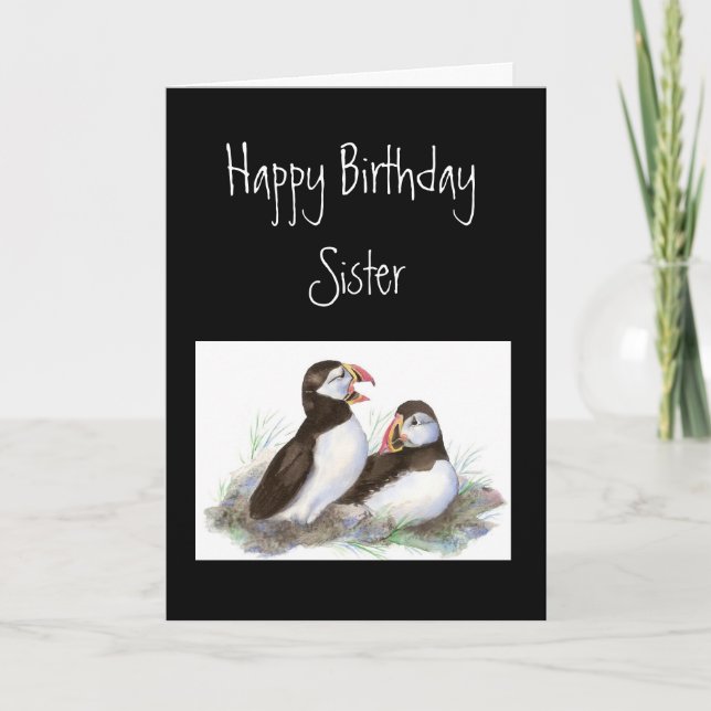 Custom Birthday, Sister, Cute Puffins Bird Nature Karte (Vorderseite)