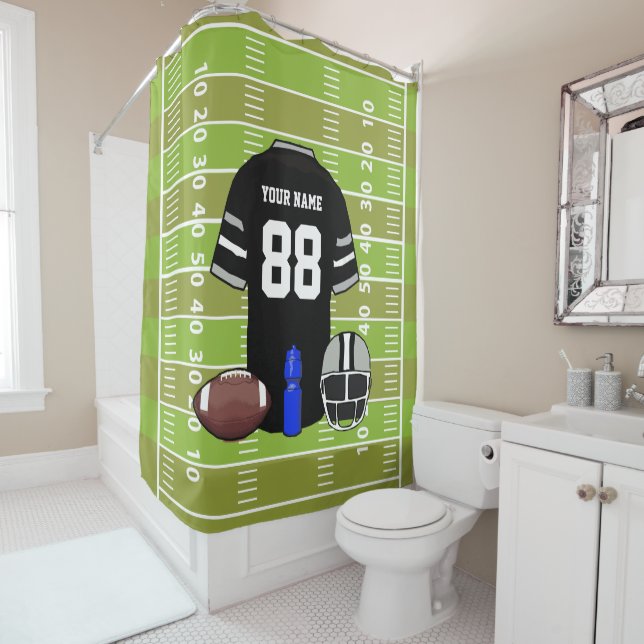 Custom Black and Gray Football Jersey auf Field Duschvorhang (Beispiel)