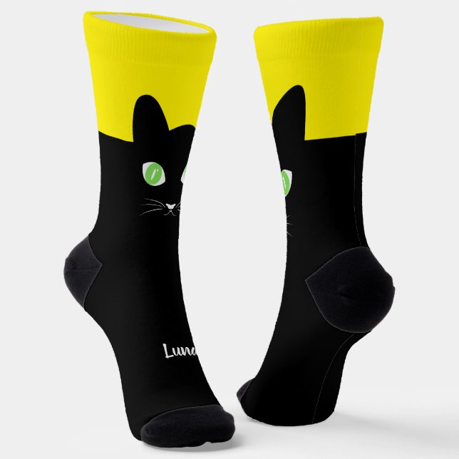 Custom Black Cat Photo Socks with Name - Cat Lover Socken (Gewinkelt)