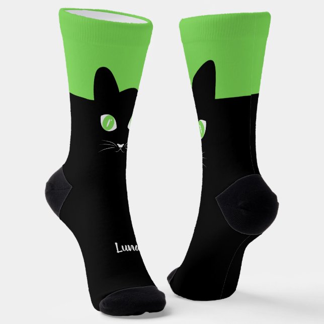 Custom Black Cat Photo Socks with Name - Cat Lover Socken (Gewinkelt)