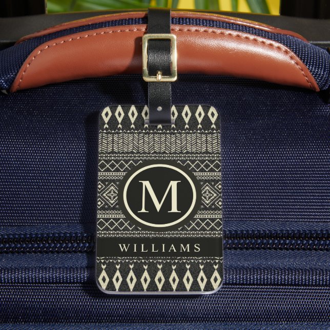 Custom Black Creme White Gray Aztec Muster Gepäckanhänger (Vorderseite Insitu 2)
