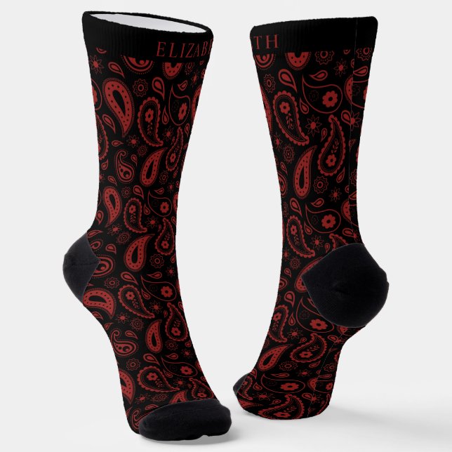 Custom Black Dark Wine Red Maroon Paisley Muster Socken (Gewinkelt)