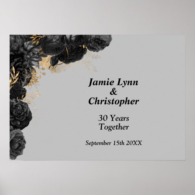 Custom Black Floral Wedding Anniversary Poster (Vorne)