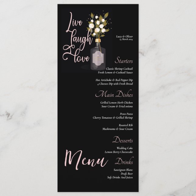 Custom Black Floral Wedding Menu mit Zitat Menükarte (Vorderseite)