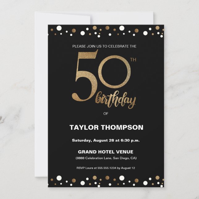 Custom Black Gold Confetti Classic 50. Party Einladung (Vorderseite)