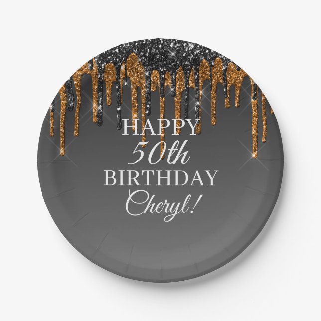 Custom Black & Gold Glitzer Tropfen zum Geburtstag Pappteller (Vorderseite)