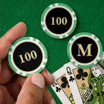 Custom Black Gold Monogram 100 Turnier Spiel Pokerchips<br><div class="desc">Erstellen Sie Ihre eigenen, personalisierten, 100 Stückelungen, moderne Imitate goldene Monogramm auf schwarzem Hintergrund, mit Monogramm Weihnachten grünen Poker Chips, in 9 lebhaften Farben und mit strukturierter Oberfläche für einfaches Stapeln. Geben Sie einfach Ihre Initialen / Monogramm, um anzupassen. Sie können sogar die Stückelung von 100 auf eine Ihrer Wahl...</div>