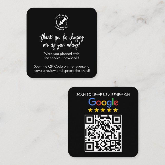 Custom Black Google Review QR Code Dank Notar Quadratische Visitenkarte (Vorne/Hinten)