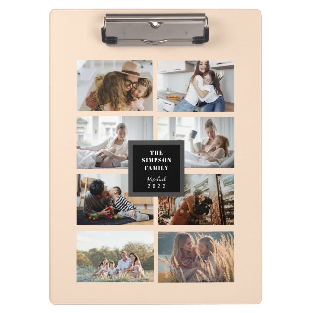 Custom Black INSTA Family Foto Collage Beige Klemmbrett (Vorderseite)