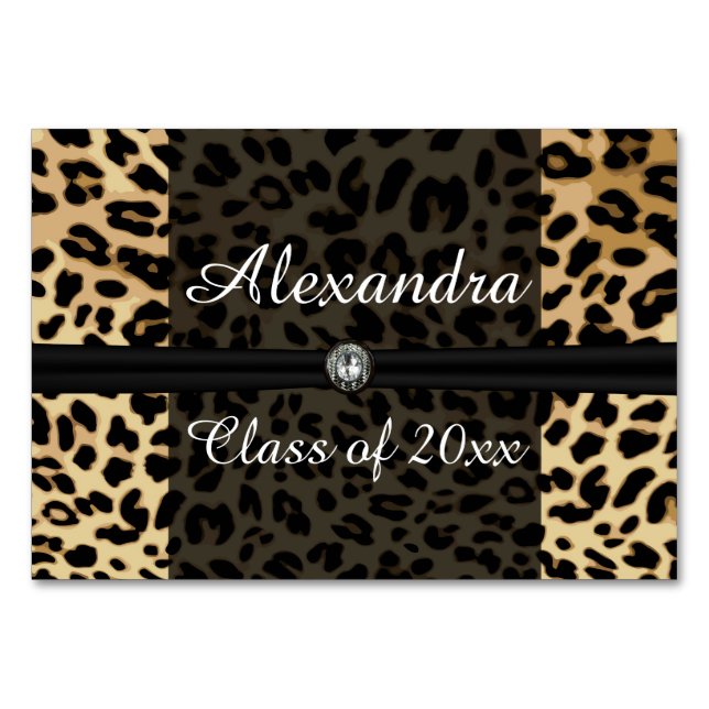 Custom Black Leopard Ribbon Jewel Girl Abschluss Tischnummer (Vorderseite)