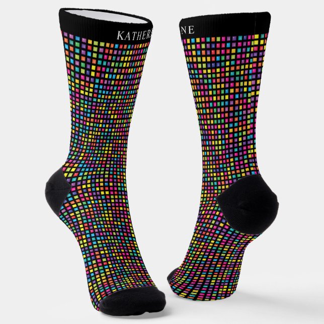 Custom Black Multicolor Colorful Checkered Pattern Socken (Gewinkelt)