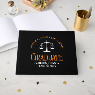 Custom Black Orange Law School Graduation Party Gästebuch