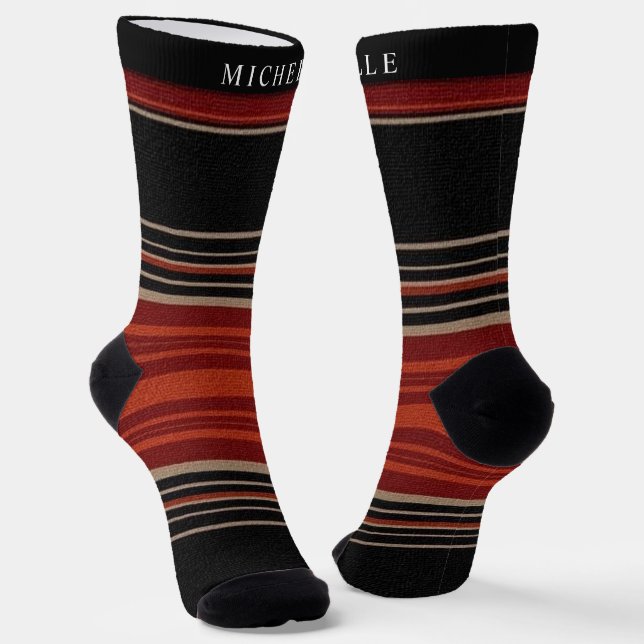 Custom Black Red Orange White Stripes Aztec Socken (Gewinkelt)