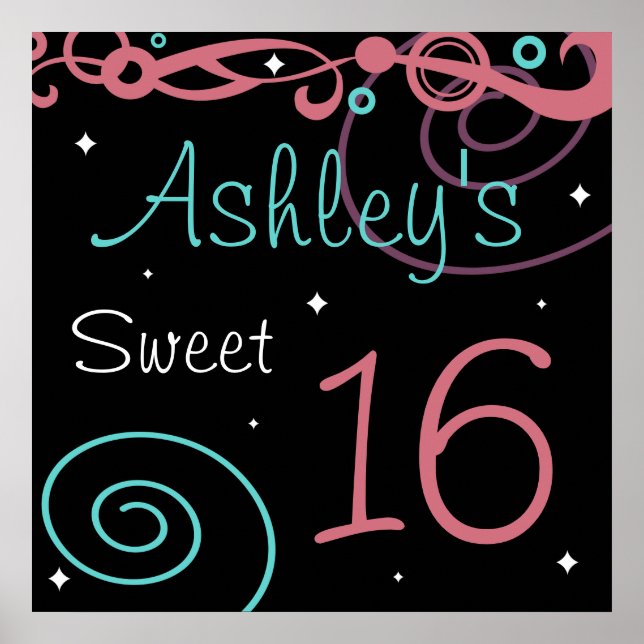 Custom Black Sweet 16 Birthday Party Wall Decor Poster (Vorne)