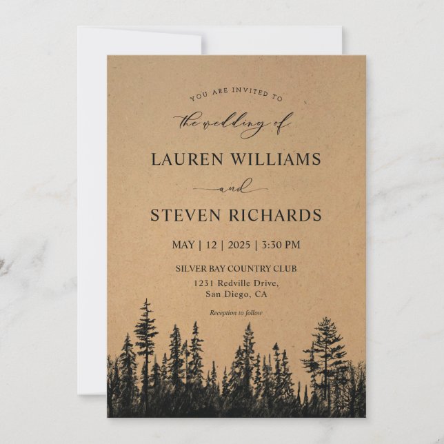Custom Black Tan Khaki Pine Tree Woods Wedding Einladung (Vorderseite)