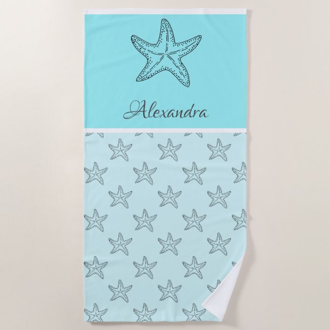 Custom Black Tan Sand Chic Beach House Starfish Strandtuch (Vorderseite)