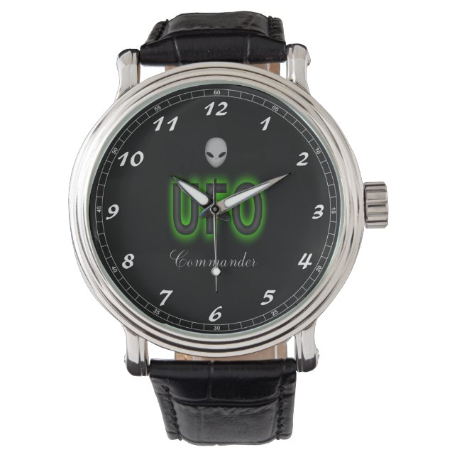 Custom Black Vintag Leather Watch UFO Commander Armbanduhr (Vorderseite)