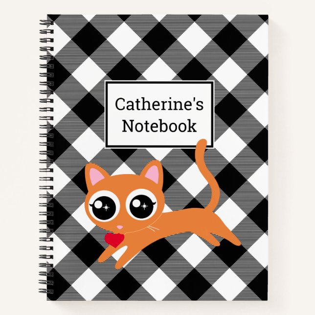 Custom Black & White Buffalo Kariert Orange Kitty Notizbuch (Vorderseite)