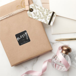 Custom Black + White 'Merry' Weihnachten/Feiertag Quadratischer Aufkleber